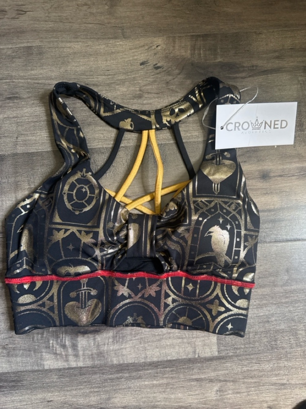 Crowned Athletics Black Gold Strappy Back Sports Bra Medium Support NWT- XS